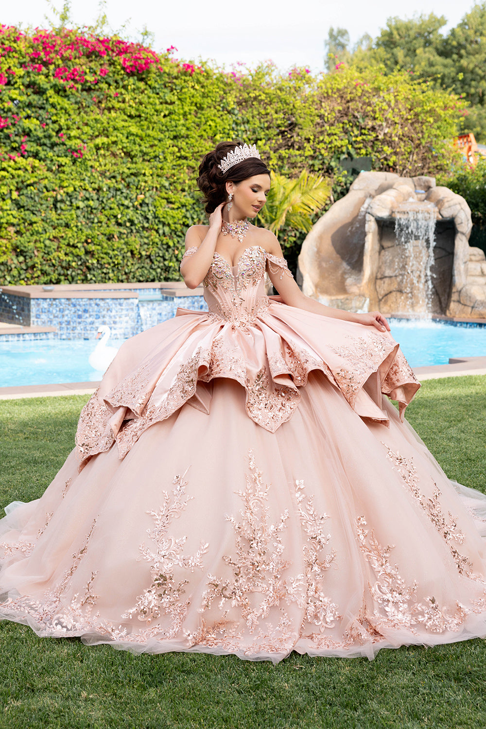 Off-Shoulder Sweetheart Quinceañera Ball Gown with Lace Appliqués & Back Bow by Layla K LK314