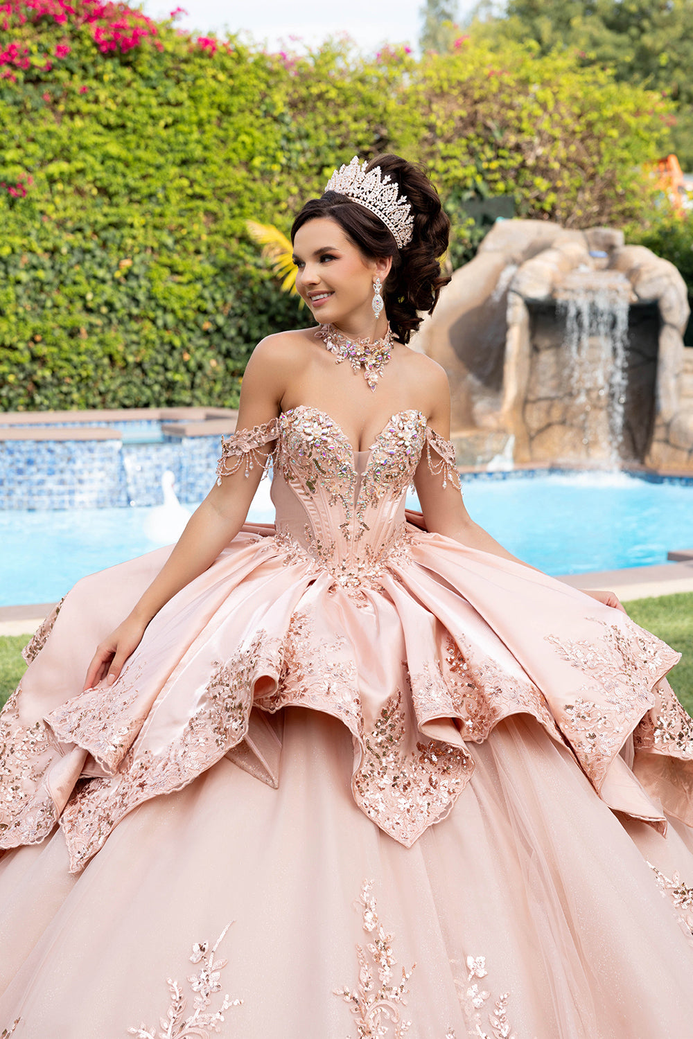 Off-Shoulder Sweetheart Quinceañera Ball Gown with Lace Appliqués & Back Bow by Layla K LK314