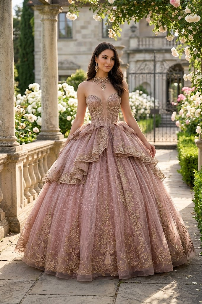Layla K ROSEGOLD Glitter Tulle with Gold Lace Appliqué and Satin Ball Gown Quinceanera Dresses