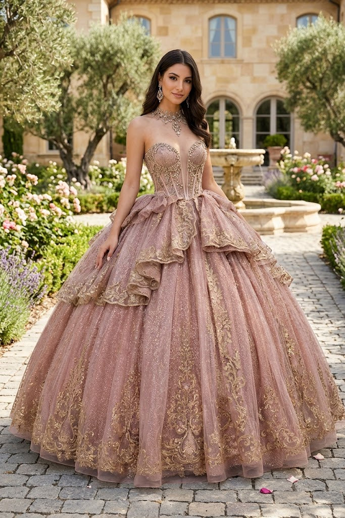 Layla K ROSEGOLD Glitter Tulle with Gold Lace Appliqué and Satin Ball Gown Quinceanera Dresses