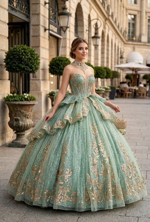 Layla K ROSEGOLD Glitter Tulle with Gold Lace Appliqué and Satin Ball Gown Quinceanera Dresses