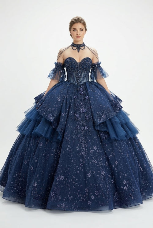 Layla K CHAMPAGNE/GOLD Glitter Tulle with Floral Lace Appliqué and Satin Ball Gown Quinceanera Dresses
