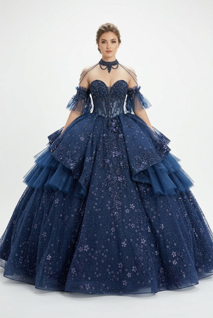 Layla K CHAMPAGNE/GOLD Glitter Tulle with Floral Lace Appliqué and Satin Ball Gown Quinceanera Dresses