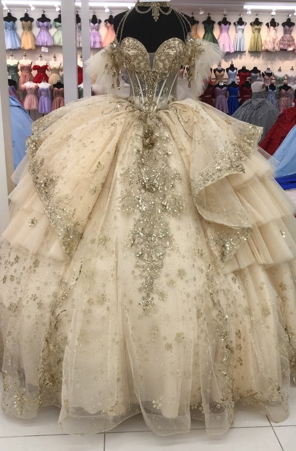 Layla K CHAMPAGNE/GOLD Glitter Tulle with Floral Lace Appliqué and Satin Ball Gown Dress