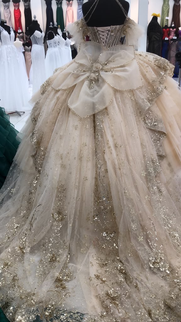 Layla K CHAMPAGNE/GOLD Glitter Tulle with Floral Lace Appliqué and Satin Ball Gown Dress