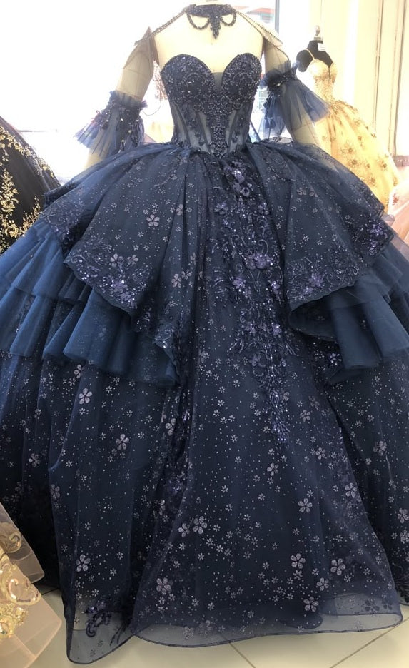 Layla K CHAMPAGNE/GOLD Glitter Tulle with Floral Lace Appliqué and Satin Ball Gown Dress