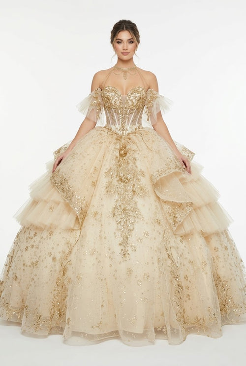 Layla K CHAMPAGNE/GOLD Glitter Tulle with Floral Lace Appliqué and Satin Ball Gown Quinceanera Dresses