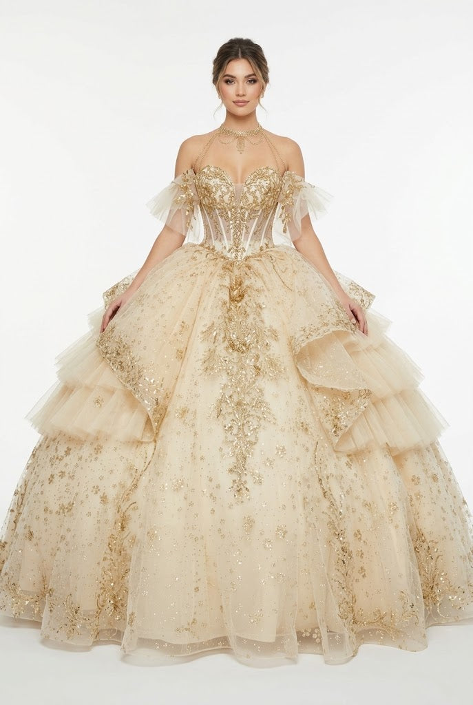 Layla K CHAMPAGNE/GOLD Glitter Tulle with Floral Lace Appliqué and Satin Ball Gown Quinceanera Dresses