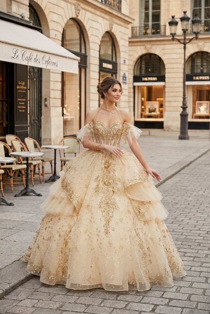 Layla K CHAMPAGNE/GOLD Glitter Tulle with Floral Lace Appliqué and Satin Ball Gown Quinceanera Dresses