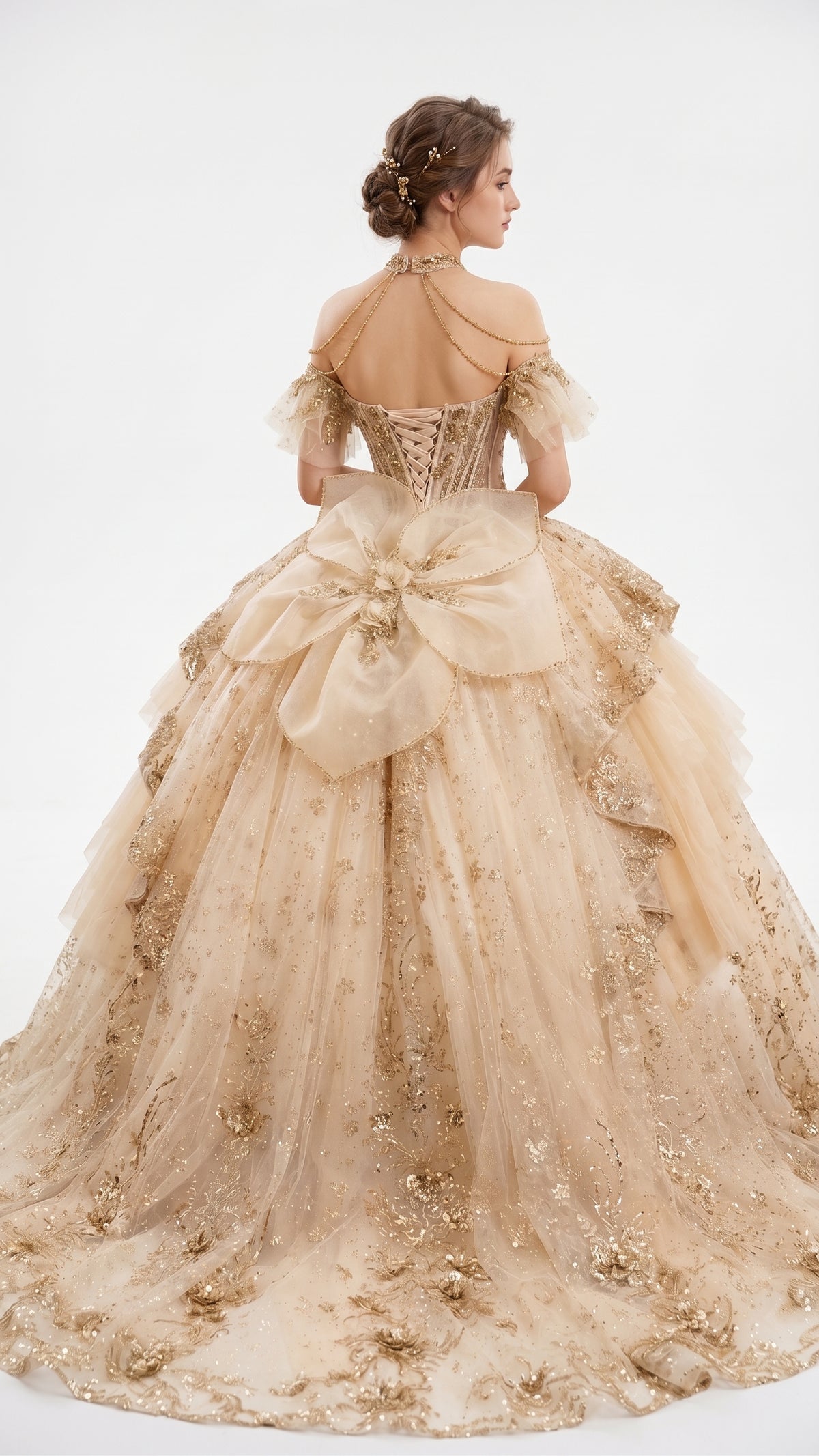 Layla K CHAMPAGNE/GOLD Glitter Tulle with Floral Lace Appliqué and Satin Ball Gown Quinceanera Dresses