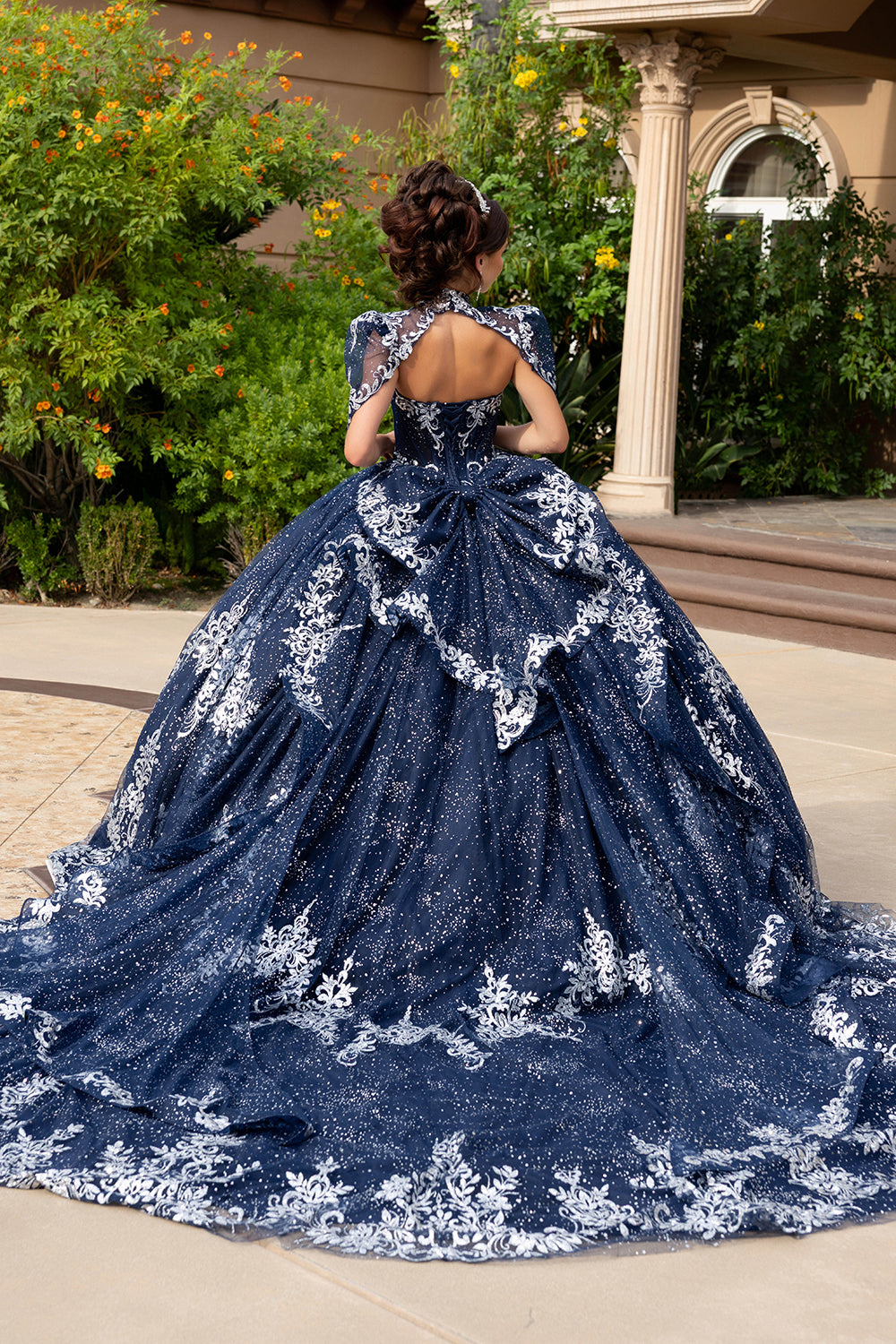 Navy/Silver Quinceanera Ball Gown Lace Appliqué Tulle Corset Bodice & Long Train by Layla K LK320