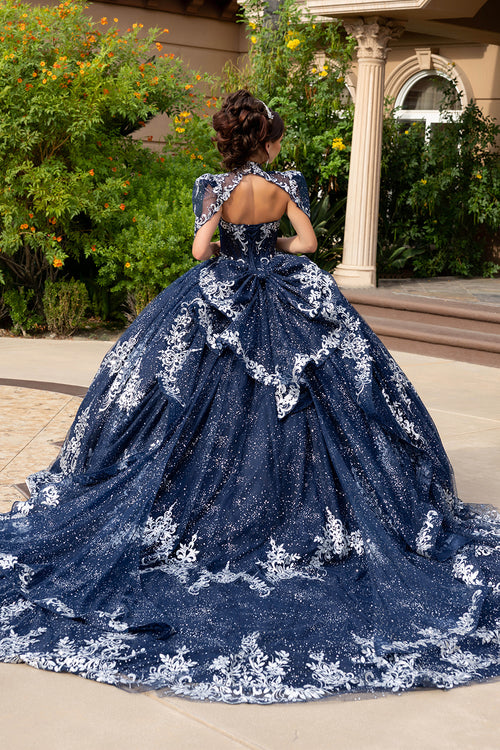 Navy/Silver Quinceanera Ball Gown Lace Appliqué Tulle Corset Bodice & Long Train by Layla K LK320