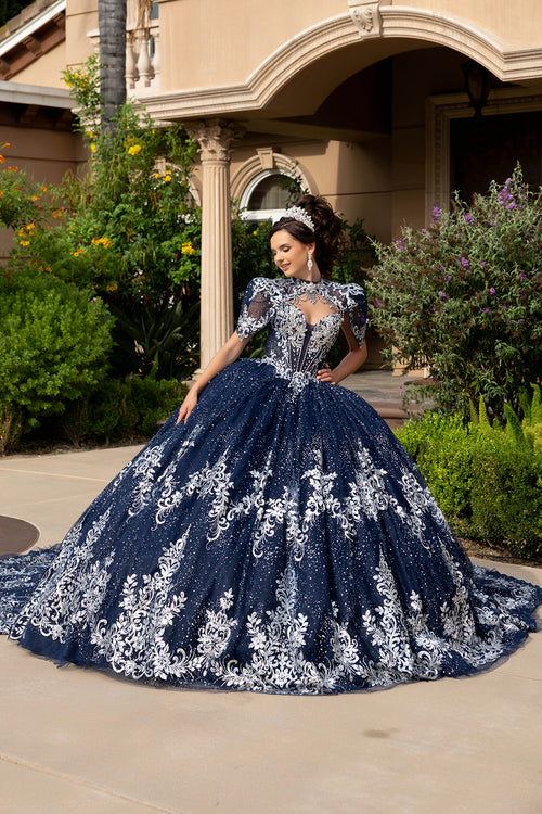 Navy/Silver Quinceanera Ball Gown Lace Appliqué Tulle Corset Bodice & Long Train by Layla K LK320