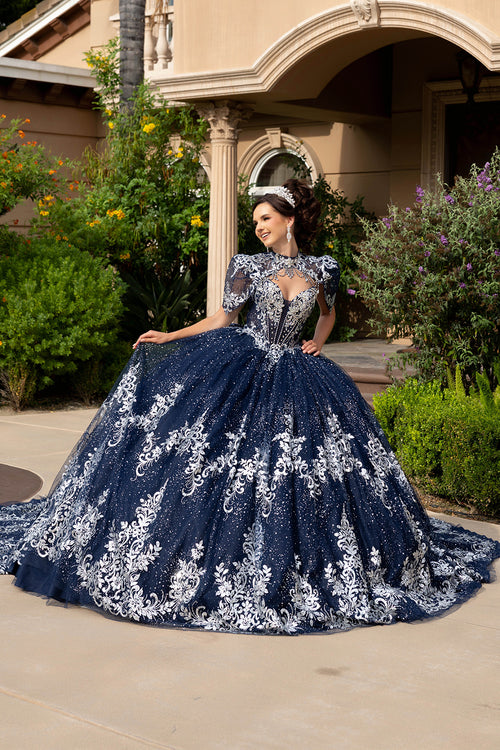 Navy/Silver Quinceanera Ball Gown Lace Appliqué Tulle Corset Bodice & Long Train by Layla K LK320