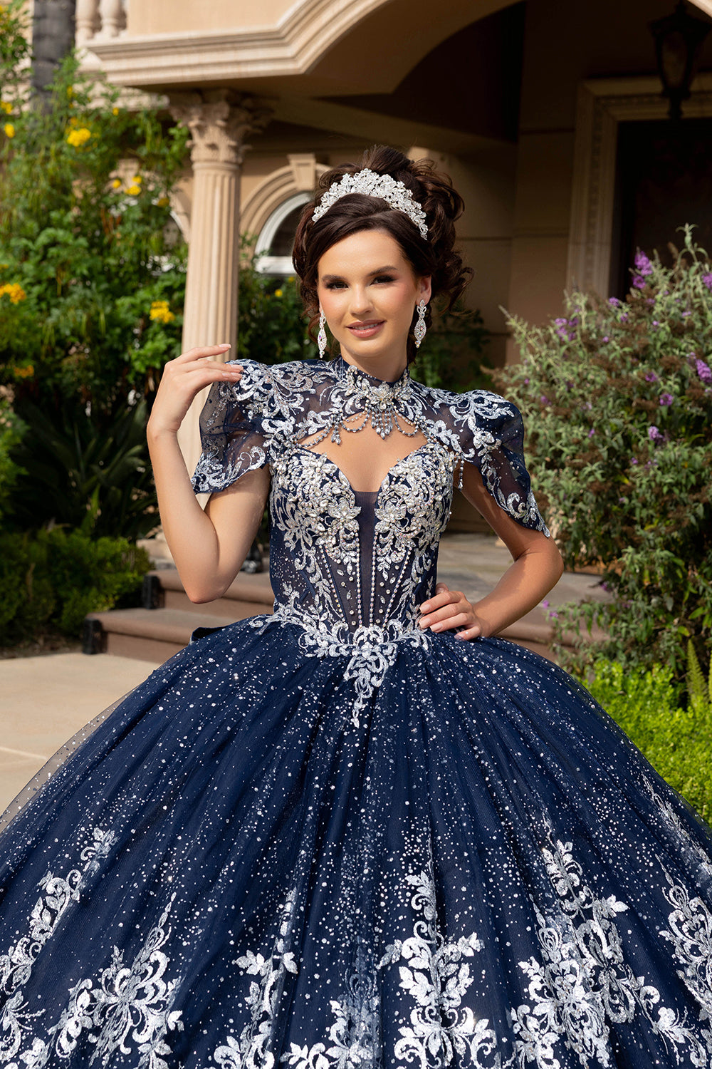 Navy/Silver Quinceanera Ball Gown Lace Appliqué Tulle Corset Bodice & Long Train by Layla K LK320