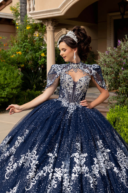 Navy/Silver Quinceanera Ball Gown Lace Appliqué Tulle Corset Bodice & Long Train by Layla K LK320