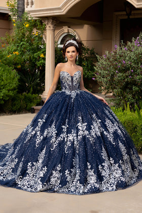 Navy/Silver Quinceanera Ball Gown Lace Appliqué Tulle Corset Bodice & Long Train by Layla K LK320
