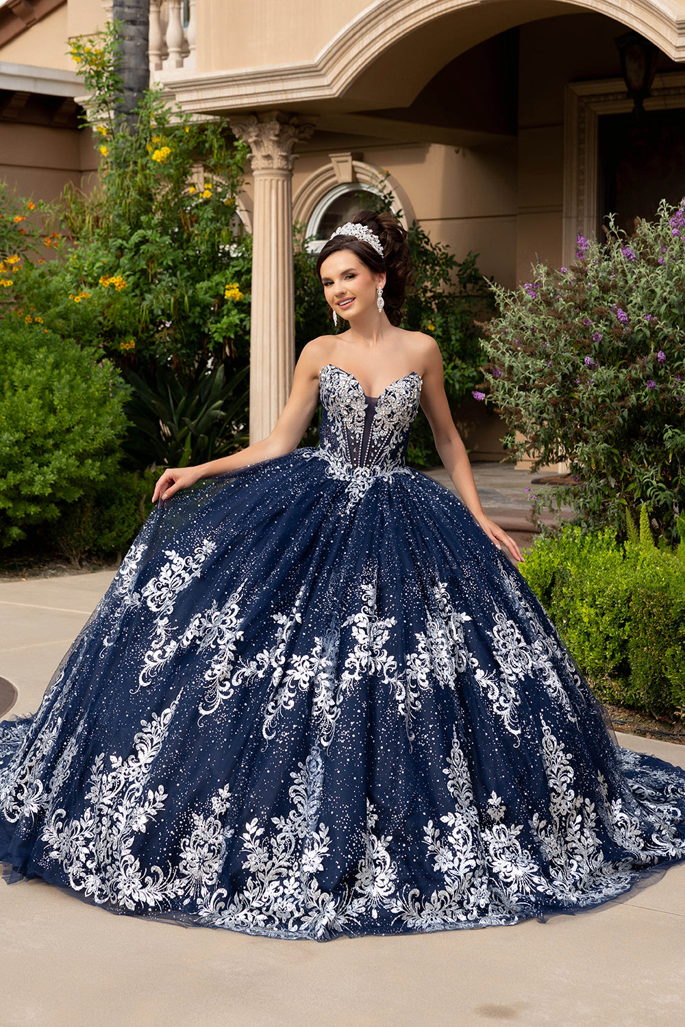 Navy/Silver Quinceanera Ball Gown Lace Appliqué Tulle Corset Bodice & Long Train by Layla K LK320