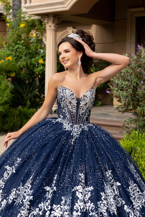 Navy/Silver Quinceanera Ball Gown Lace Appliqué Tulle Corset Bodice & Long Train by Layla K LK320
