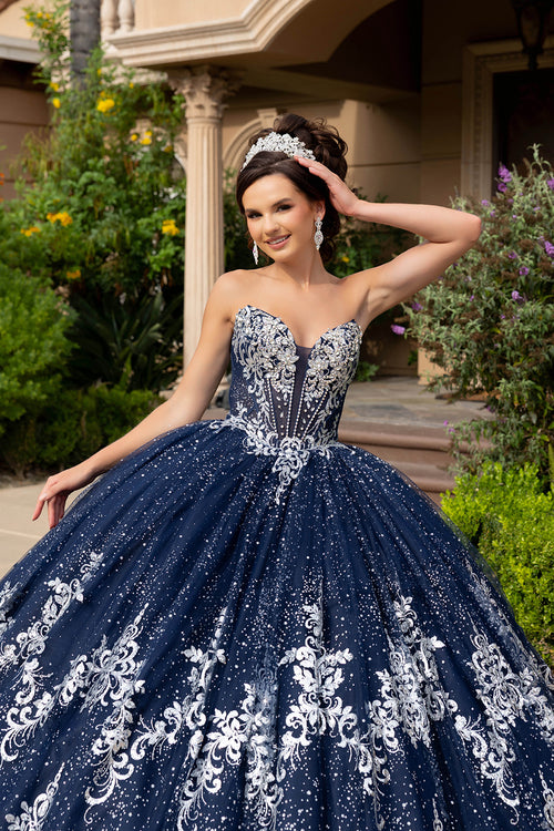Navy/Silver Quinceanera Ball Gown Lace Appliqué Tulle Corset Bodice & Long Train by Layla K LK320