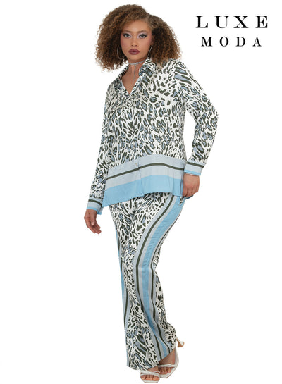 Long Sleeve Button-Down Print Top & Wide-Leg Pant 2-Piece Set by Tesoro Moda LM-504