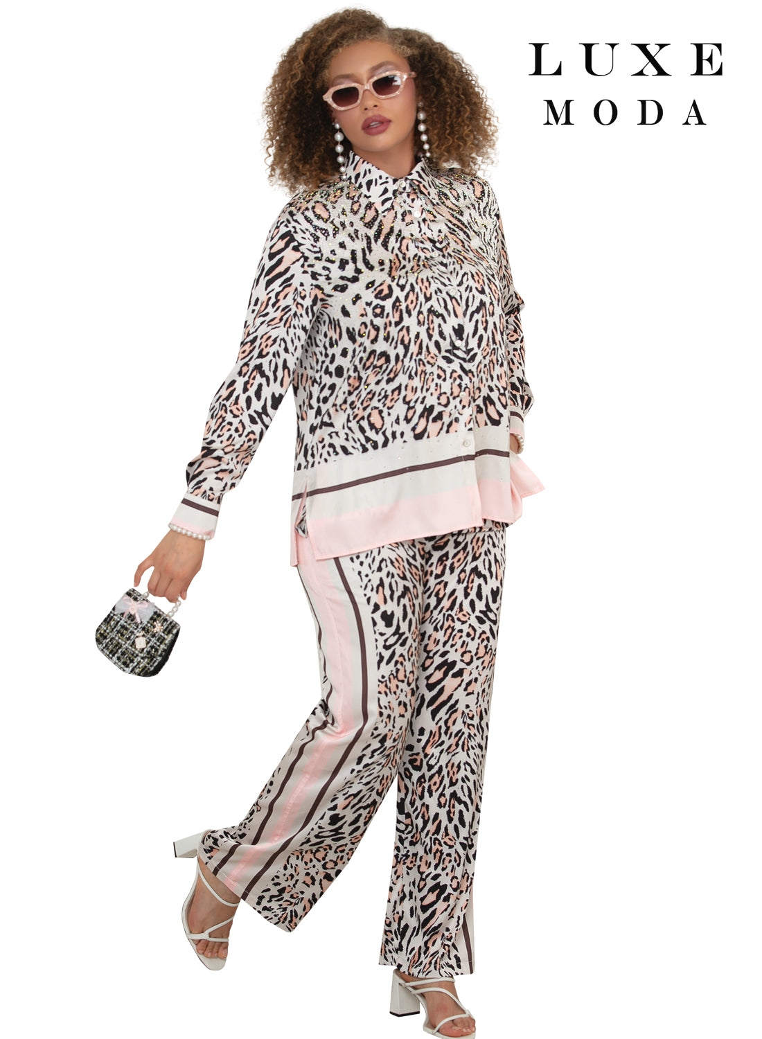 Long Sleeve Button-Down Print Top & Wide-Leg Pant 2-Piece Set by Tesoro Moda LM-504