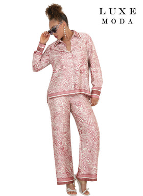 Point Collar Button Down Print Shimmer Cuff Wide-Leg Pant Special Occasion by Tesoro Moda LM-505