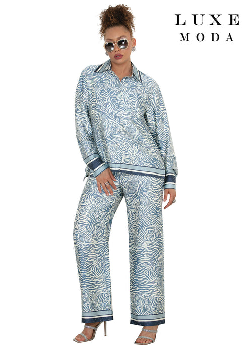 Point Collar Button Down Print Shimmer Cuff Wide-Leg Pant Special Occasion by Tesoro Moda LM-505