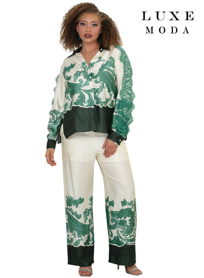 Point Collar Baroque Paisley Print Fringe Sleeve Rhinestone Wide-Leg Pant Set by Tesoro Moda LM-507