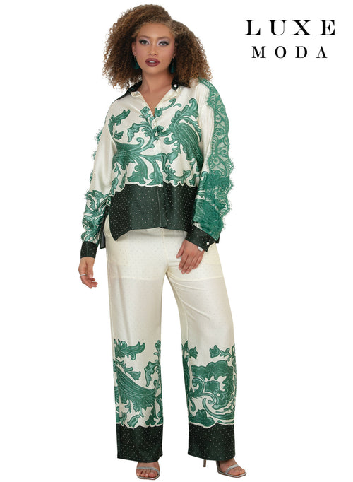 Point Collar Baroque Paisley Print Fringe Sleeve Rhinestone Wide-Leg Pant Set by Tesoro Moda LM-507