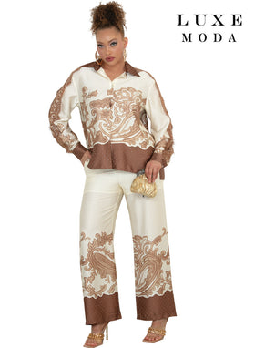 Point Collar Baroque Paisley Print Fringe Sleeve Rhinestone Wide-Leg Pant Set by Tesoro Moda LM-507
