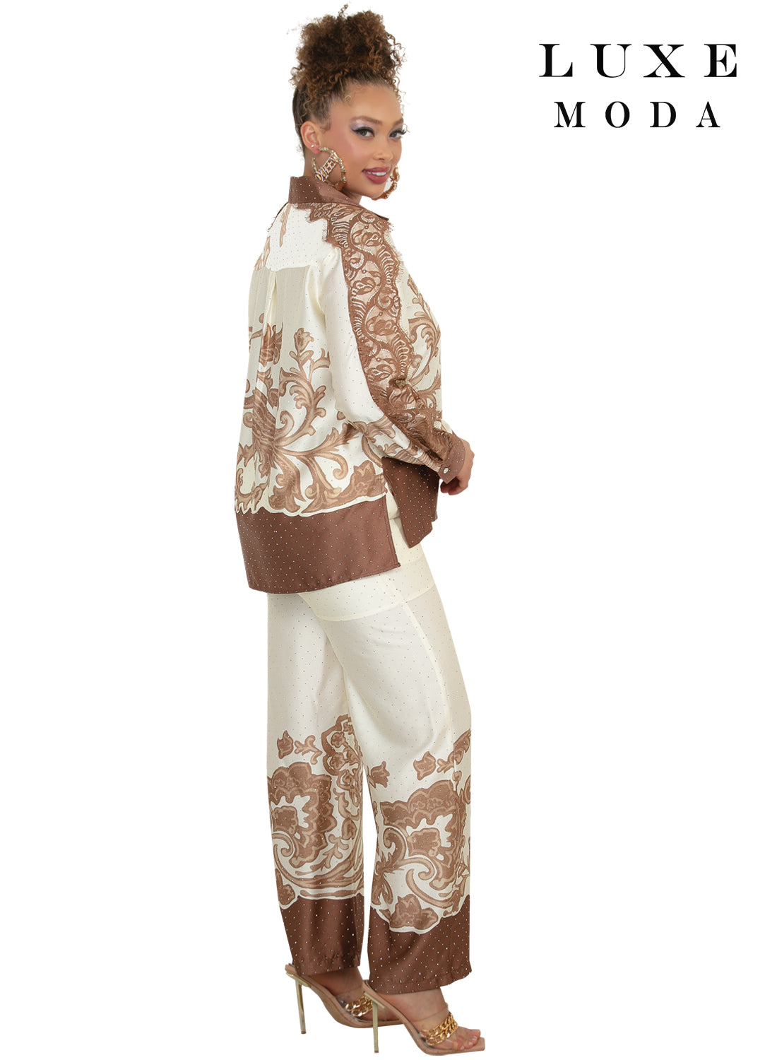 Point Collar Baroque Paisley Print Fringe Sleeve Rhinestone Wide-Leg Pant Set by Tesoro Moda LM-507