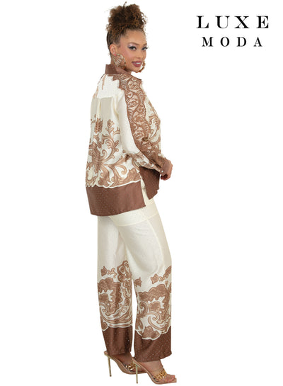 Point Collar Baroque Paisley Print Fringe Sleeve Rhinestone Wide-Leg Pant Set by Tesoro Moda LM-507