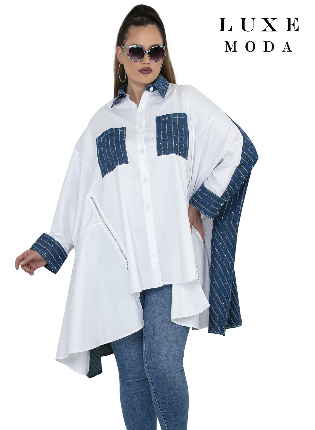 Two-Tone Rhinestone Pinstripe Denim Oversized Button-Front Tunic Top by Tesoro Moda LM-508
