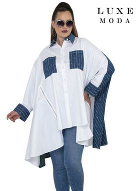Two-Tone Rhinestone Pinstripe Denim Oversized Button-Front Tunic Top by Tesoro Moda LM-508