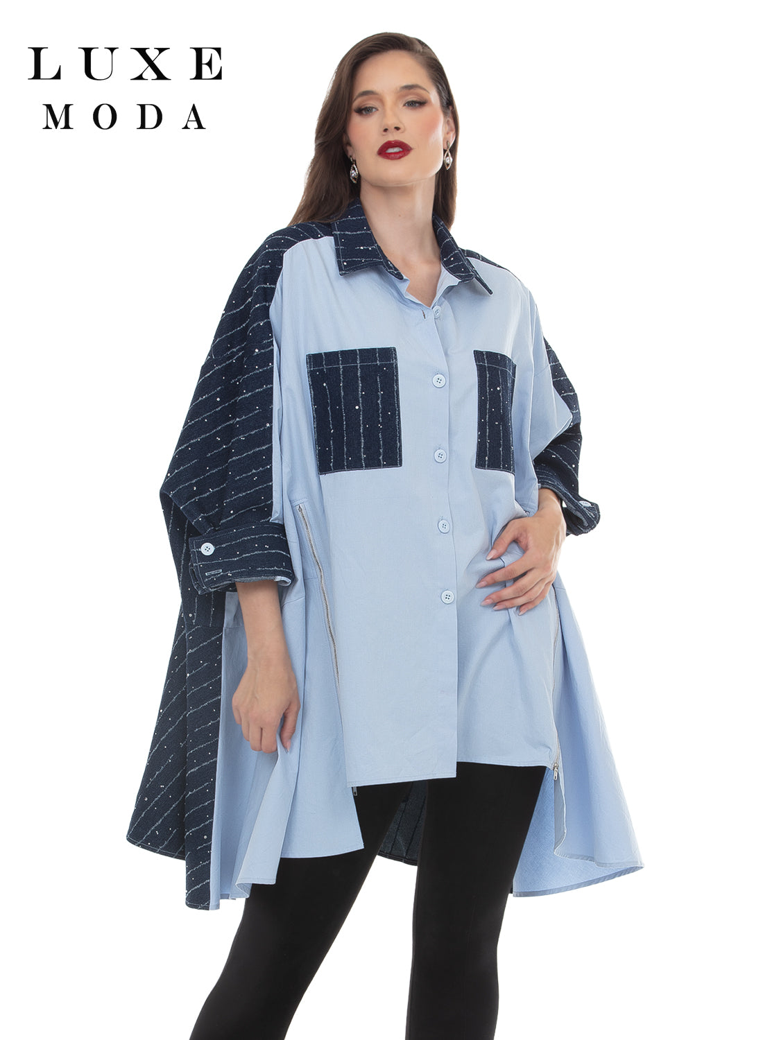 Two-Tone Rhinestone Pinstripe Denim Oversized Button-Front Tunic Top by Tesoro Moda LM-508
