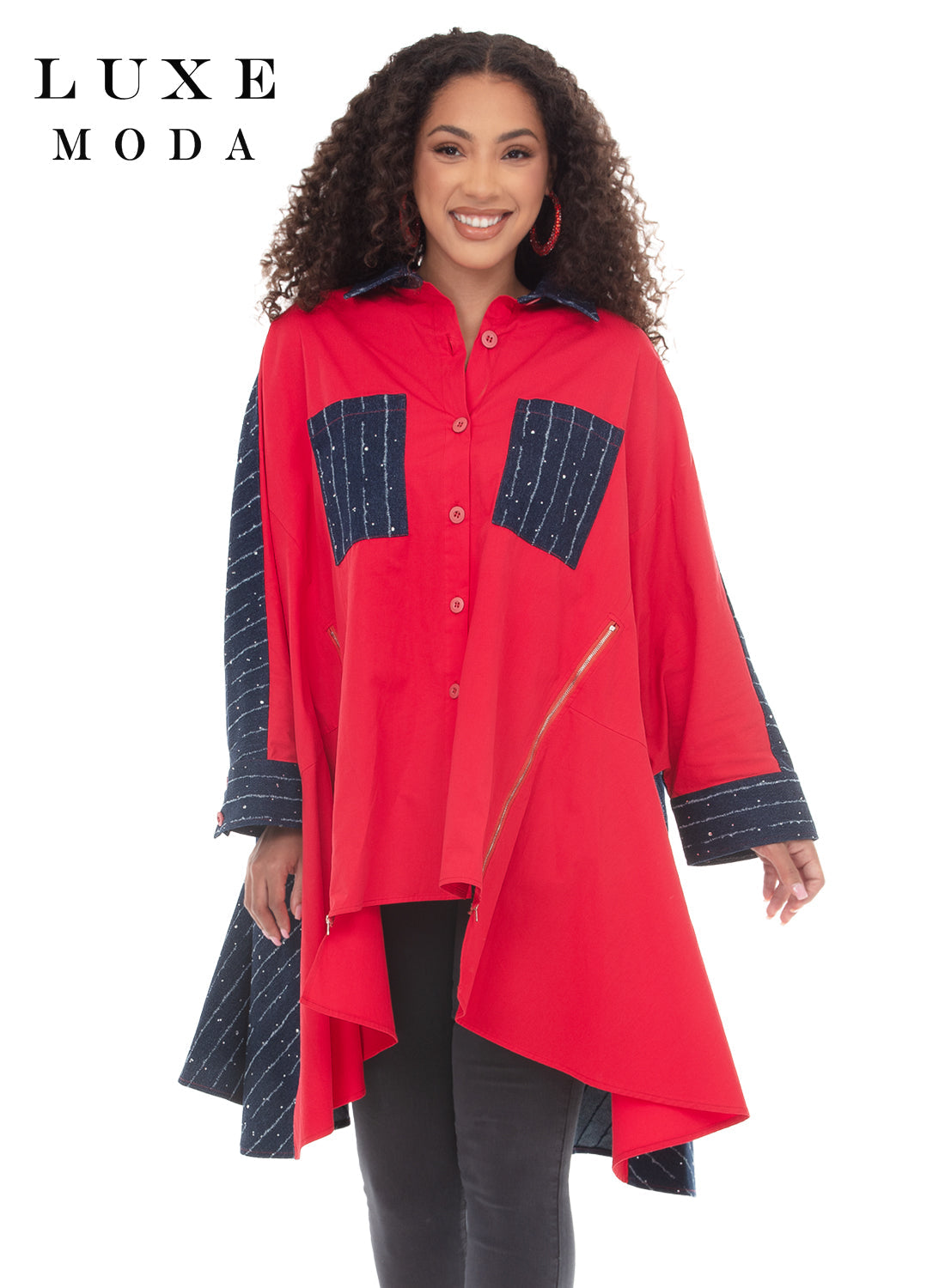 Two-Tone Rhinestone Pinstripe Denim Oversized Button-Front Tunic Top by Tesoro Moda LM-508