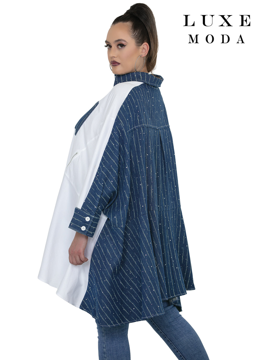 Two-Tone Rhinestone Pinstripe Denim Oversized Button-Front Tunic Top by Tesoro Moda LM-508