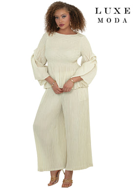 3/4 Ruffle Flare Sleeve Smocked Waist Pleated Peplum Top & Wide-Leg Pants by Tesoro Moda LM-509