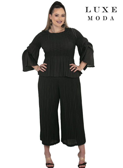3/4 Ruffle Flare Sleeve Smocked Waist Pleated Peplum Top & Wide-Leg Pants by Tesoro Moda LM-509