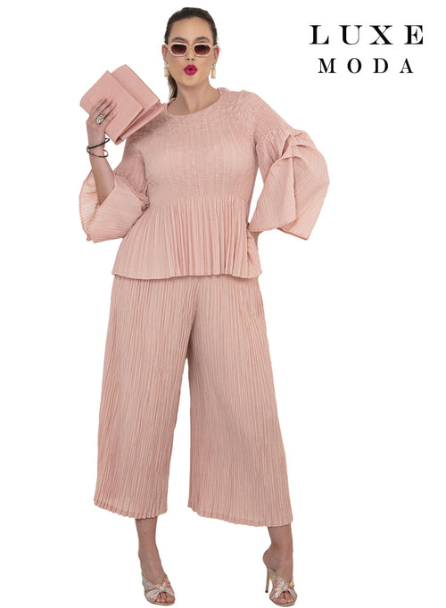 3/4 Ruffle Flare Sleeve Smocked Waist Pleated Peplum Top & Wide-Leg Pants by Tesoro Moda LM-509
