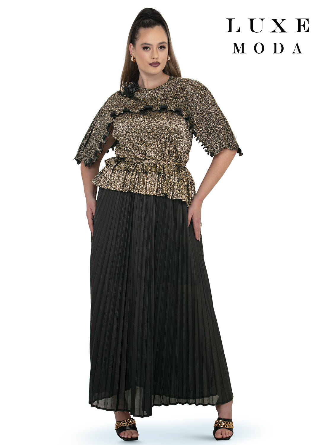 Round Neck Cape Sleeve Glitter Metallic Ruffle Trim Top & Pleated Maxi Skirt by Tesoro Moda LM-510