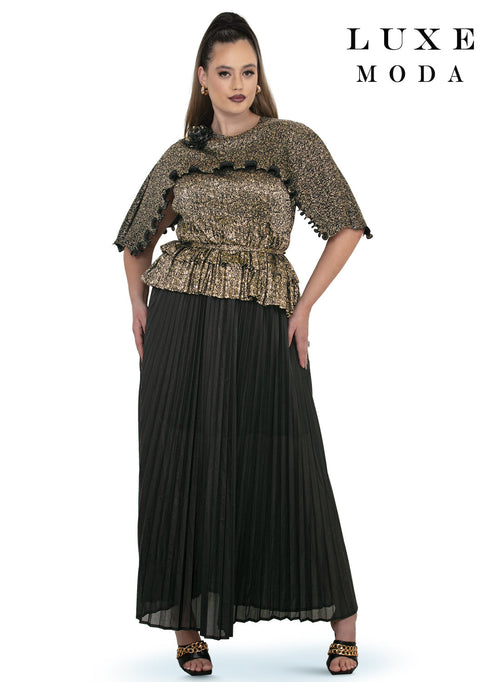 Round Neck Cape Sleeve Glitter Metallic Ruffle Trim Top & Pleated Maxi Skirt by Tesoro Moda LM-510