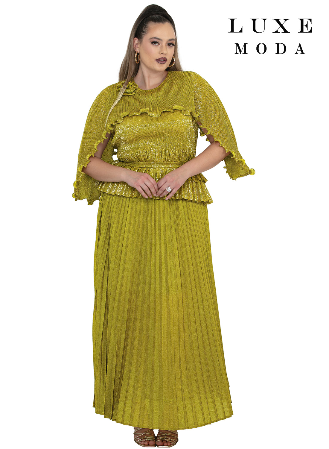 Round Neck Cape Sleeve Glitter Metallic Ruffle Trim Top & Pleated Maxi Skirt by Tesoro Moda LM-510