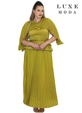 Round Neck Cape Sleeve Glitter Metallic Ruffle Trim Top & Pleated Maxi Skirt by Tesoro Moda LM-510