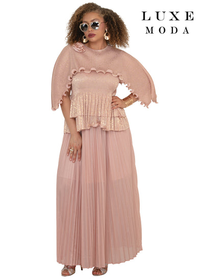 Round Neck Cape Sleeve Glitter Metallic Ruffle Trim Top & Pleated Maxi Skirt by Tesoro Moda LM-510