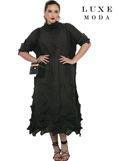 High Neck Geometric Pleated Origami Textured Pointed Hem Oversized Dress by Tesoro Moda LM-511