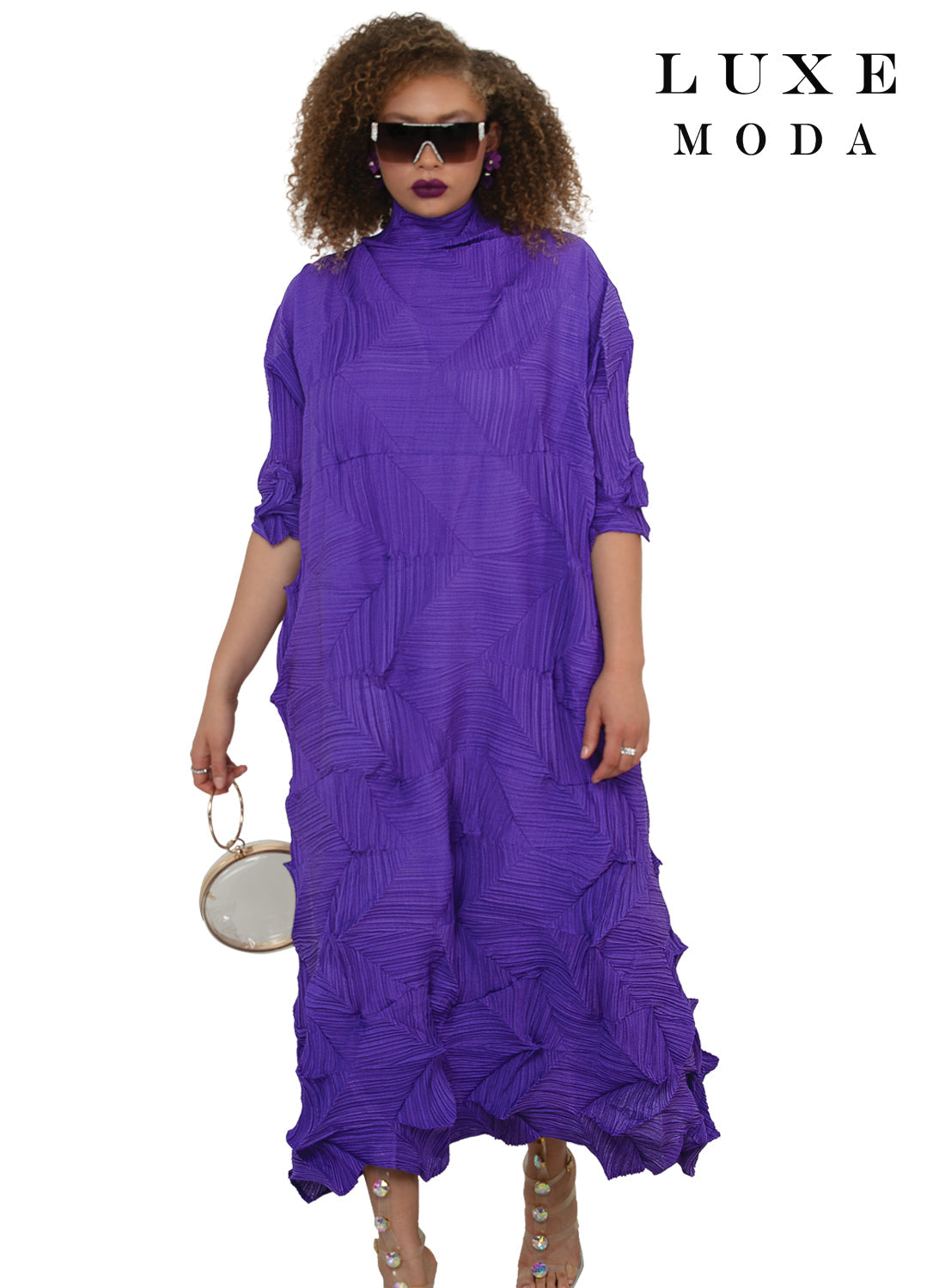 High Neck Geometric Pleated Origami Textured Pointed Hem Oversized Dress by Tesoro Moda LM-511