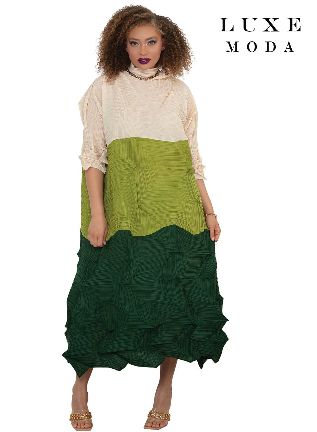 Mock Neck 3/4 Sleeve Ombre Block Textured Pleated Oversized Maxi Dress by Tesoro Moda LM-512