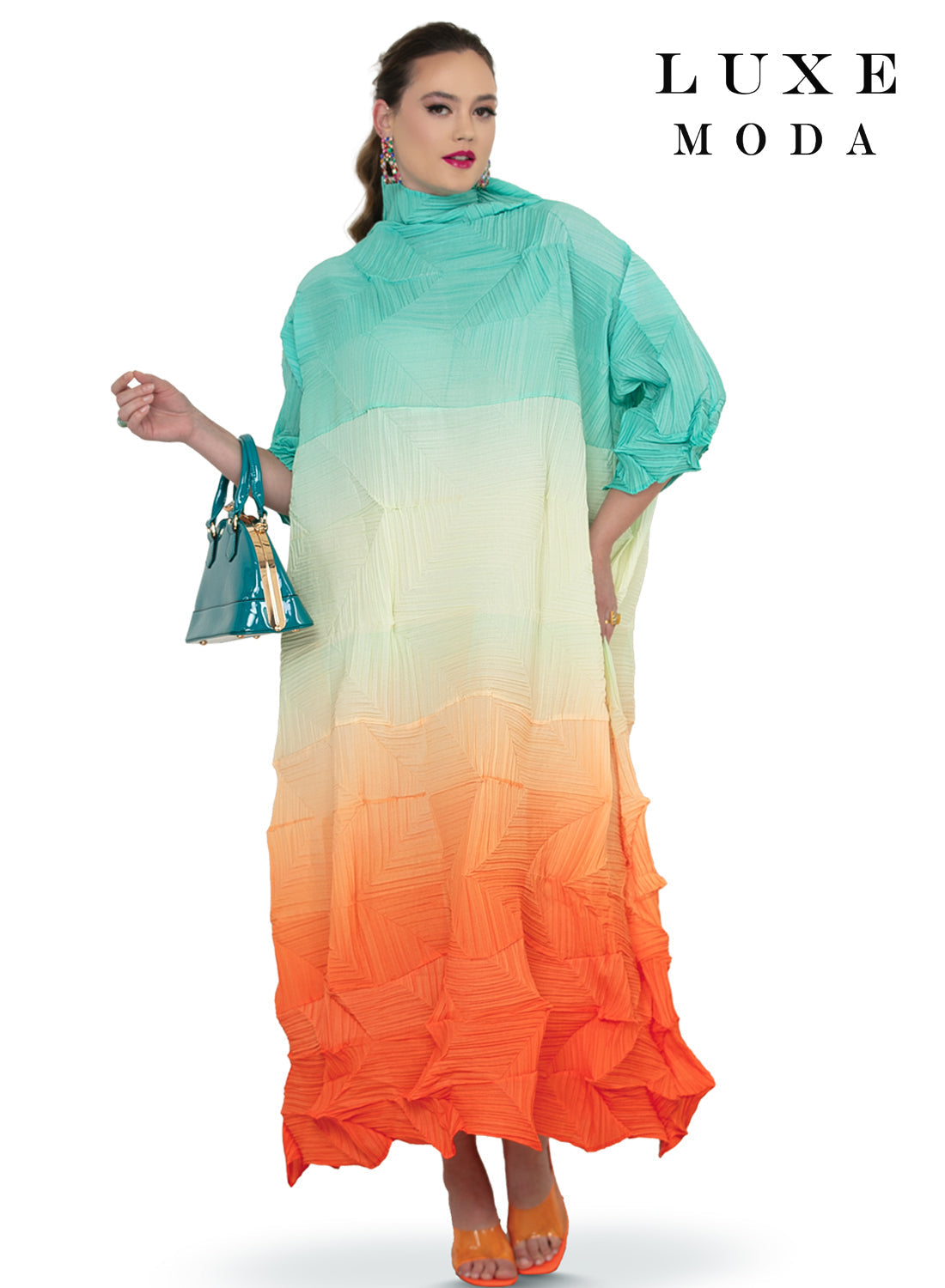 Mock Neck 3/4 Sleeve Ombre Block Textured Pleated Oversized Maxi Dress by Tesoro Moda LM-512